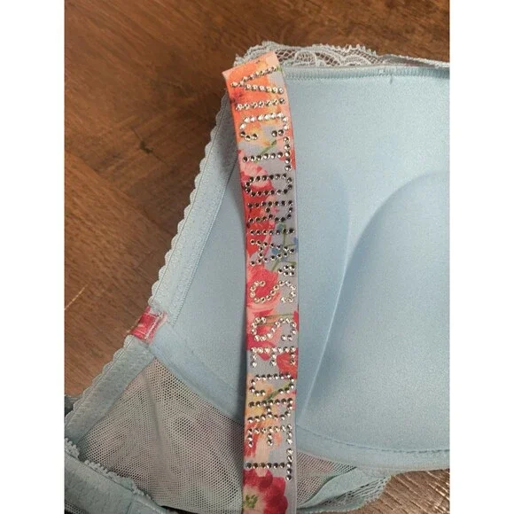 Victorias Secret 36C Bra Floral Bombshell Plunge Padded Underwire Bling Straps - Picture 3 of 4